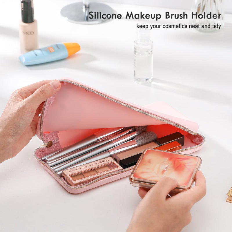 FVION Zipper Makeup Brushes Bag For Travel  Large Silicone Makeup Brush Holder  Make Up Brushes Pouch Case for Makeup Tools - Pink - Image 4